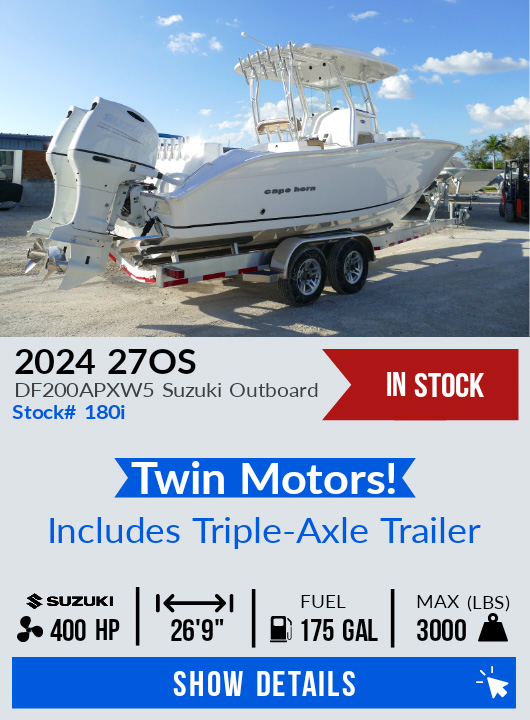 2024 Cape Horn 27OS with TWIN DF200APXW5 Suzuki Outboards
