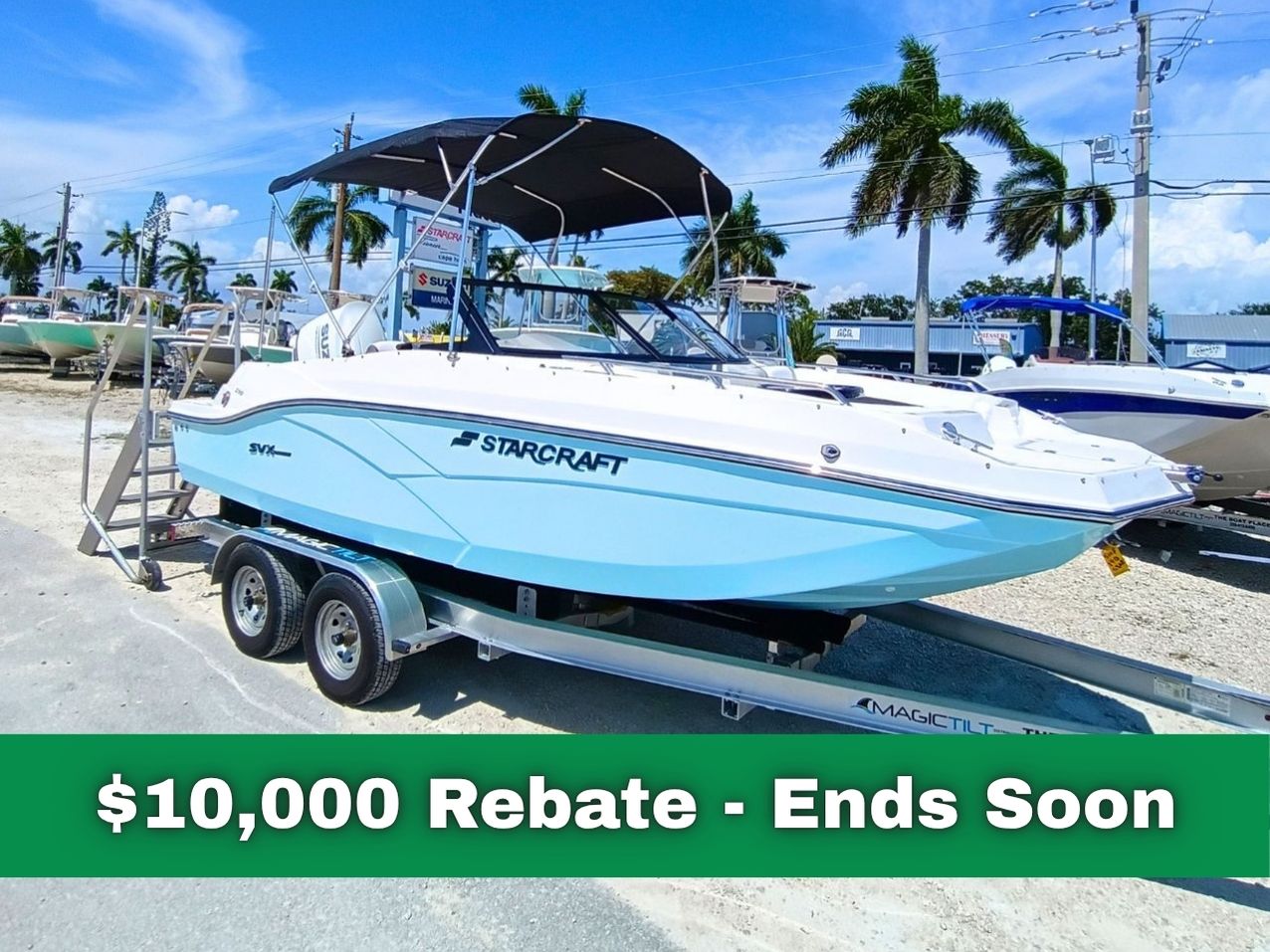 2027 Starcraft SVX 190 OB #510F Default Photo displayed prominently in green it says 10k rebate ends soon, to highlight the insane deal available.
